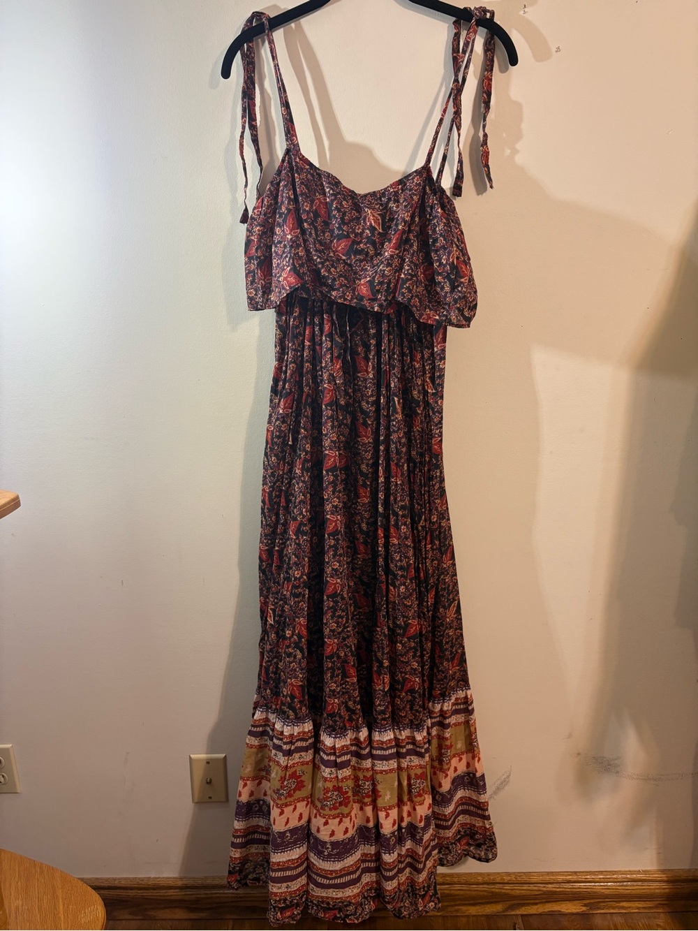 Free People dress Tangier Babydoll Maxi tie shoulders ruffled overlay large